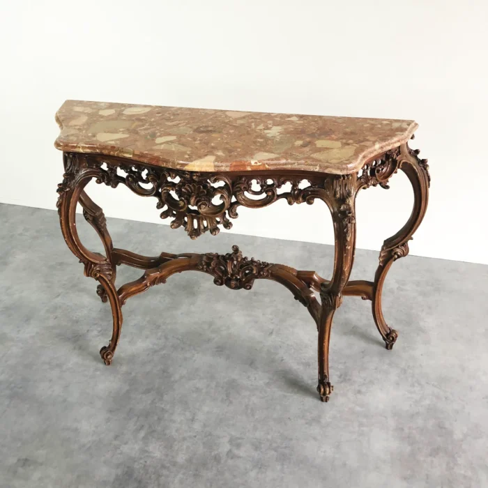 大理石と繊細な彫刻が目を引く、西洋アンティークのロココ調コンソールテーブル